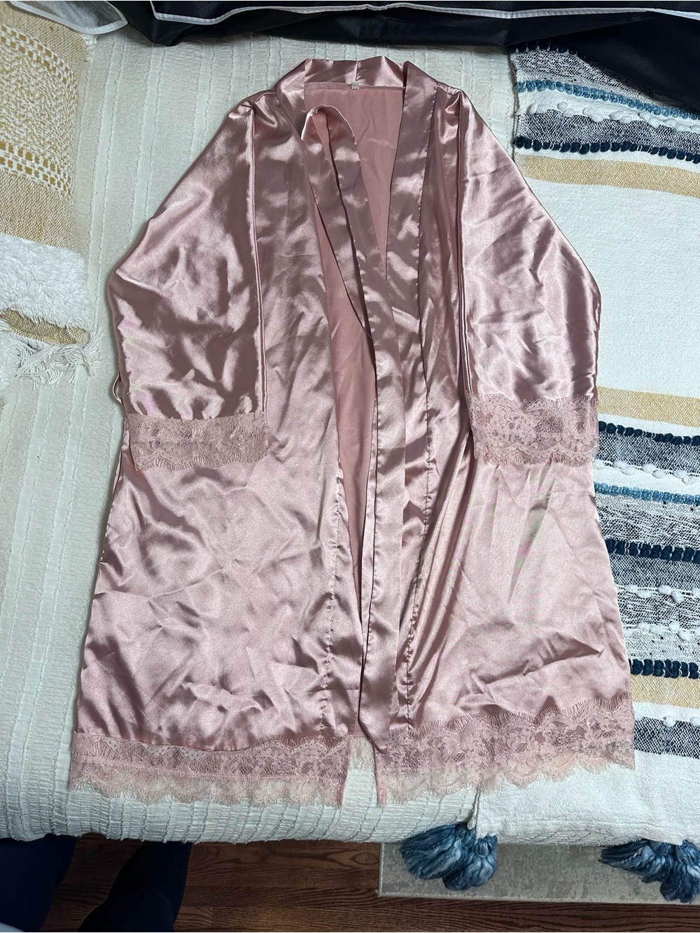 Silky Lace-Trim Pink Satin Kimono Robe